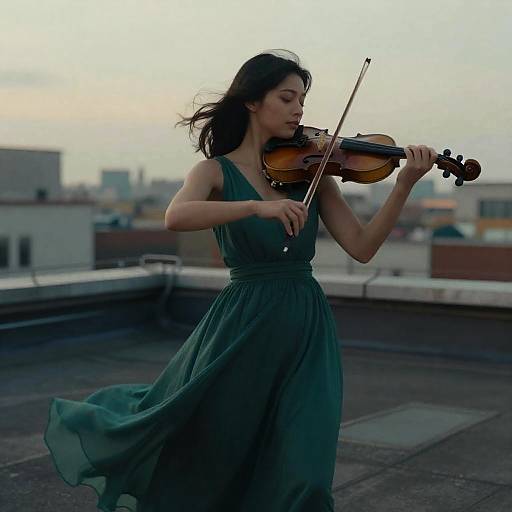 Nostalgic Violinist on Urban Rooftop