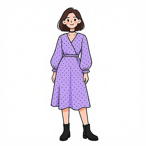 Digital illustration of a smiling woman with short brown hair, wearing a lavender polka-dot dress, long sleeves, belted waist, and black ankle boots