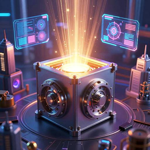Photorealistic CGI of a futuristic, glowing, metallic cube emitting bright light with neon holographic screens displaying data above it.