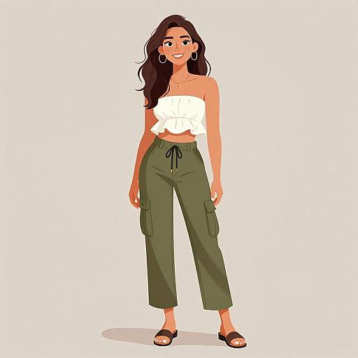 Digital illustration of a smiling woman with long dark hair, wearing a white strapless top, olive green cargo pants, and black sandals.