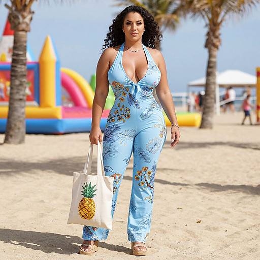 Photograph of a curvy woman with dark curly hair, wearing a light blue, tropical-patterned, deep V-neck jumpsuit, carrying a pineapple