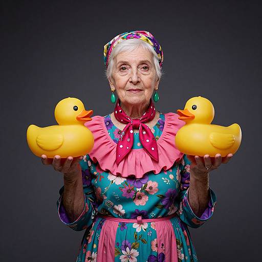 Photograph of an elderly woman with white hair, wearing a colorful floral dress and headscarf, holding two yellow rubber ducks against a dark background.