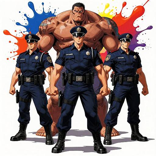 Digital illustration of four muscular police officers in uniform, standing in front of a towering, shirtless, tattooed, barefoot giant with a colorful spl