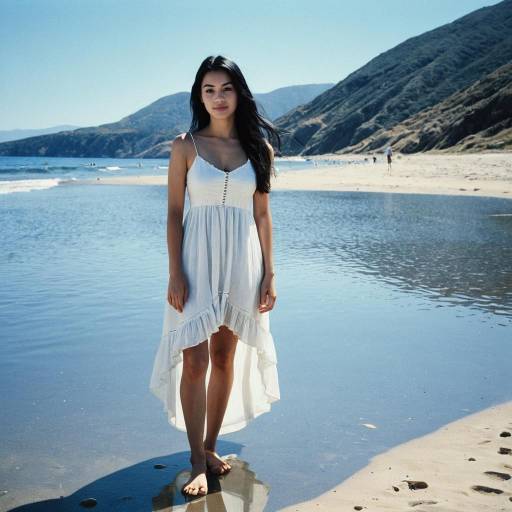 Young Woman in White Dress on Beach