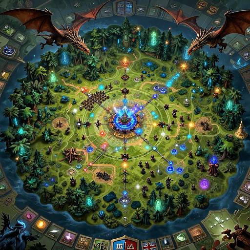 Top-down view of a vibrant, fantasy-themed board game. Colorful glowing orbs, trees, and dragon wings surround a central blue light, with player