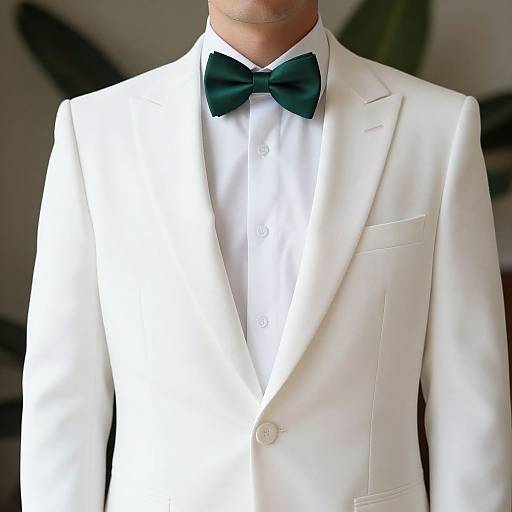 Photograph of a man in a white tuxedo jacket with a green bow tie, white dress shirt, and one visible button. Blurred dark