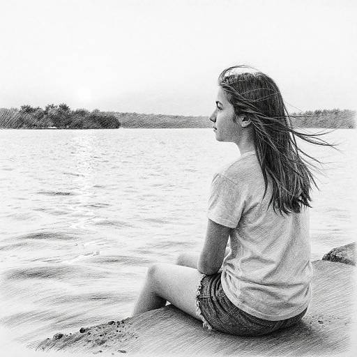 Teenage Girl Sitting by Lakeside at Dusk