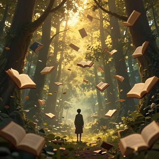 Digital art of a silhouetted figure in a forest, surrounded by floating, glowing open books, bathed in golden sunlight.