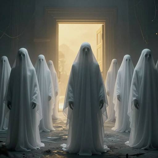 Photograph-style digital art: Eight ghostly figures in white, hooded cloaks stand in a dimly lit room, facing a bright, sun