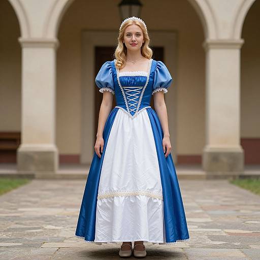 Photograph of a blonde woman with wavy hair, wearing a blue and white medieval-style dress, standing in front of a stone archway.