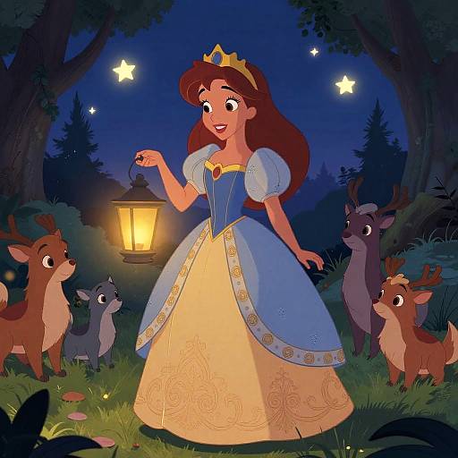 Disney-style illustration of Princess Aurora in a blue and gold gown holding a lantern, surrounded by deer and a mouse under a starry night sky in a