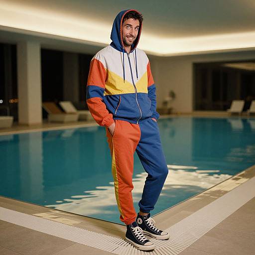 Photograph of a bearded man in a colorful hooded tracksuit (blue, orange, yellow, white) standing by a lit indoor pool.