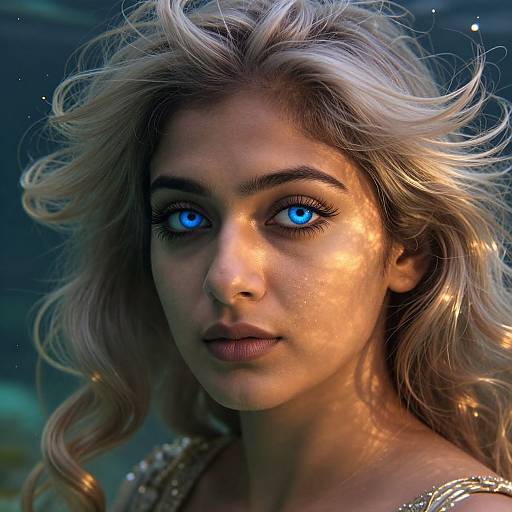 Digital portrait of a young woman with striking blue eyes, wavy blonde hair, and glowing skin, illuminated by soft light.
