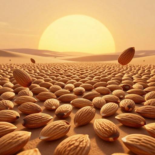 Photograph of a sunlit desert with a golden sunset, casting light on a vast field of floating, textured almonds.