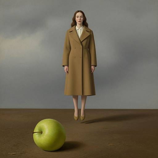 Photograph of a woman with brown hair in a tan coat and shoes, standing against a gray background, with a large green apple on the floor in