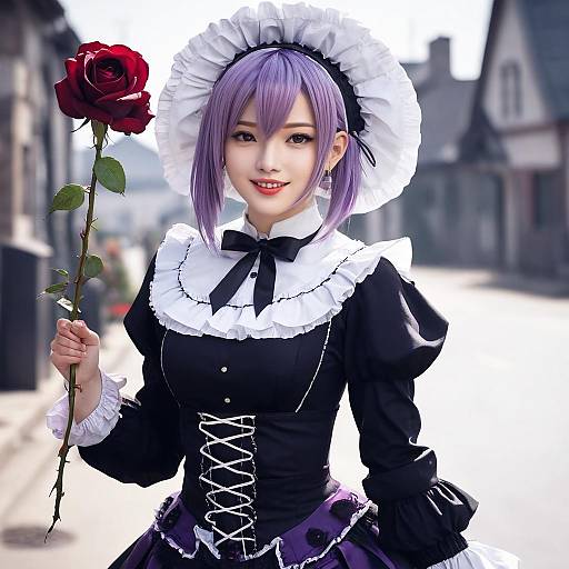 Digital art of a cute, smiling anime girl with purple hair, wearing a black and white maid outfit, holding a red rose on a sunlit street
