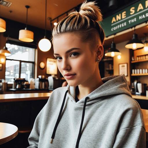 Young Woman with Comb Over Undercut Hairstyle in Coffee Shop
