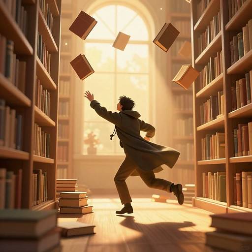 Whimsical Scholar Chasing Flying Books