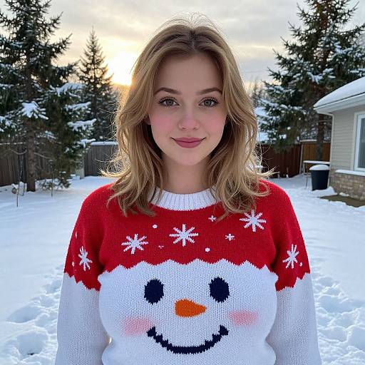 Photograph of a smiling young woman with wavy blonde hair, wearing a red and white snowman-patterned Christmas sweater, standing in a snowy backyard