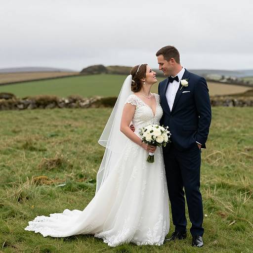 Photograph of a bride in a white lace gown and veil, holding a bouquet, and groom in a black tuxedo, standing outdoors on a