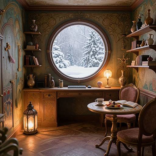 Cozy, vintage study with circular window, snow-laden view, ornate wooden desk, shelves, lantern, warm lamp, round table, chair