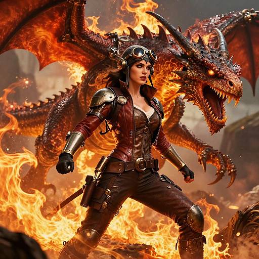 Digital artwork of a fierce, armored, dark-haired woman with goggles, standing confidently in fiery flames, accompanied by a roaring, red dragon.