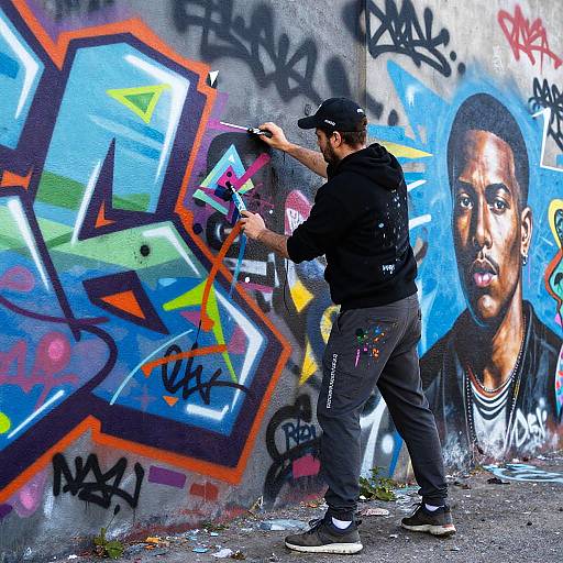 Photograph of a man in black hoodie and cap, spray-painting vibrant graffiti on a wall with a large portrait of an African-American man. Mult