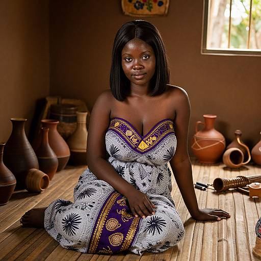 Photograph of a dark-skinned African woman with shoulder-length black hair, wearing a strapless, patterned dress, sitting on a wooden floor in