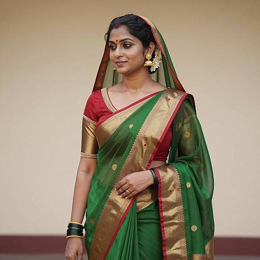 Indian Woman in Green Cotton Silk Saree