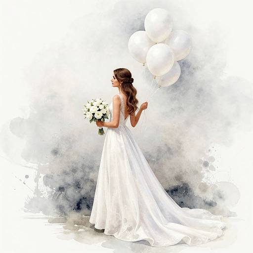 Photograph of a bride in a white, sleeveless gown, holding a bouquet of white flowers, standing with white balloons behind her.