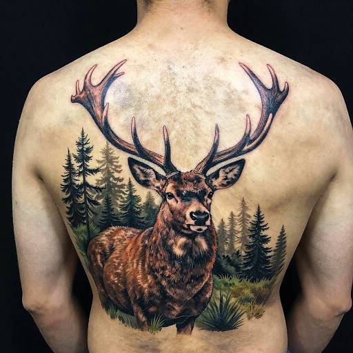 Realistic Stag Hunting Back Tattoo