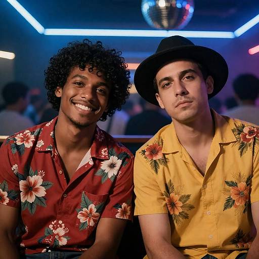 Two men in floral shirts at nightclub