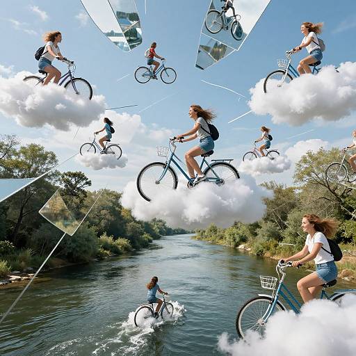 Photograph collage: Women riding bicycles on clouds above a river, with realistic and surreal elements, vibrant sky, and lush greenery.