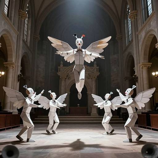 Photograph of a white, papier-mâché angel with wings and a halo, surrounded by four dancing, white, papier-mâché