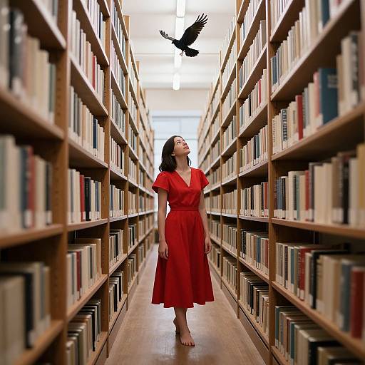 Photograph of a woman in a red dress, barefoot, standing between tall library shelves, with a black bird flying above her.