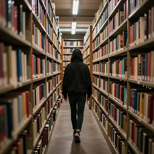 Photograph of a solitary person in a black hoodie and jeans, walking down a brightly lit library aisle lined with colorful bookshelves.