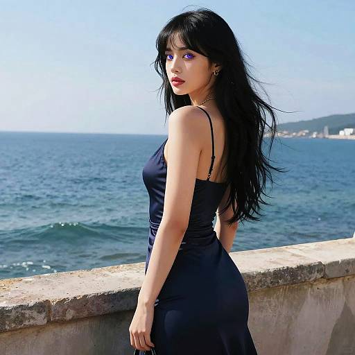 Photograph of a beautiful Asian woman with long black hair, wearing a black spaghetti-strap dress, standing by a sea wall, looking over her shoulder