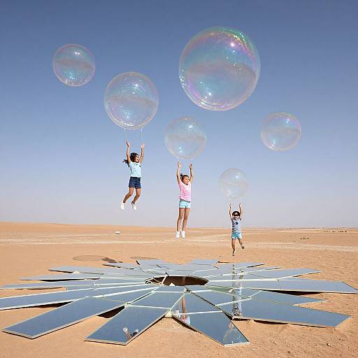 Photograph of three children jumping in a desert, chasing large, iridescent bubbles, with solar panels scattered on the sandy ground beneath a clear,