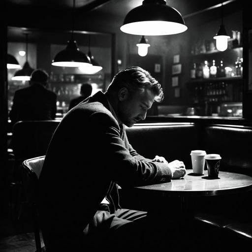 Introspective Man in Noir Café