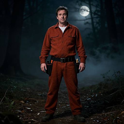 Photograph of a serious-looking man with short brown hair, wearing a red prison shirt and pants, standing in a dark, misty forest under a