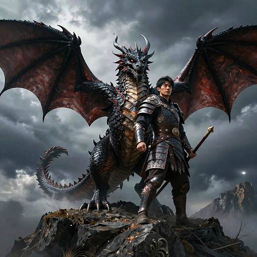 Digital fantasy artwork of a muscular, armored man with short black hair standing beside a large, dark dragon on a rocky cliff. Stormy sky, mountains