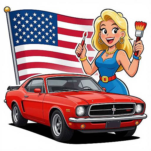 Cartoon blonde woman in blue dress, holding paintbrush, stands beside red muscle car with American flag behind it. Retro, vibrant illustration.