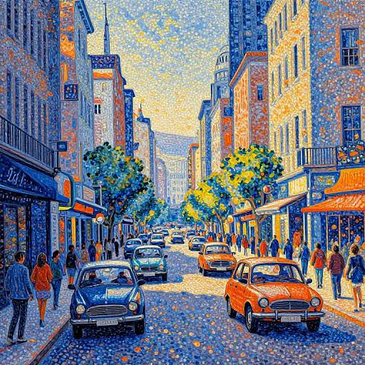 Pointillismus Cityscape with Vintage Cars