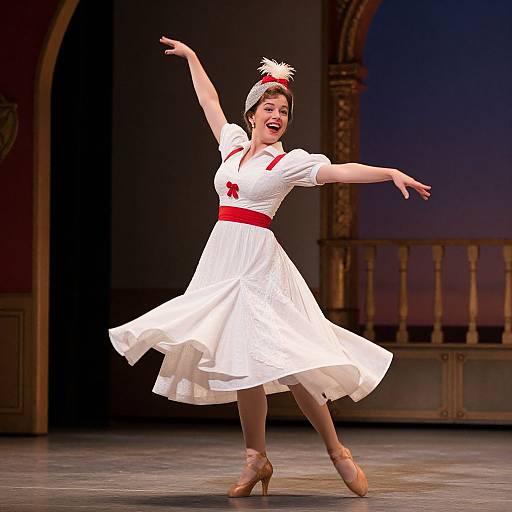 Photograph of a joyful woman in a white dress with red belt and headband, dancing on stage with arms outstretched.