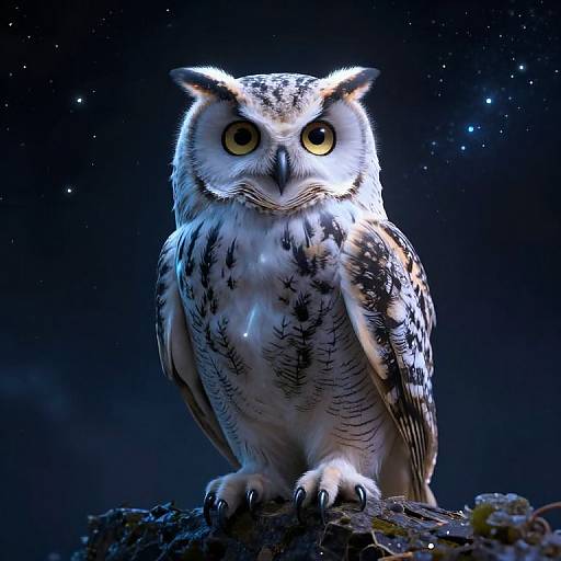 Photorealistic digital artwork of a large, detailed Great Grey Owl with intense yellow eyes, perched on a mossy branch against a starry night