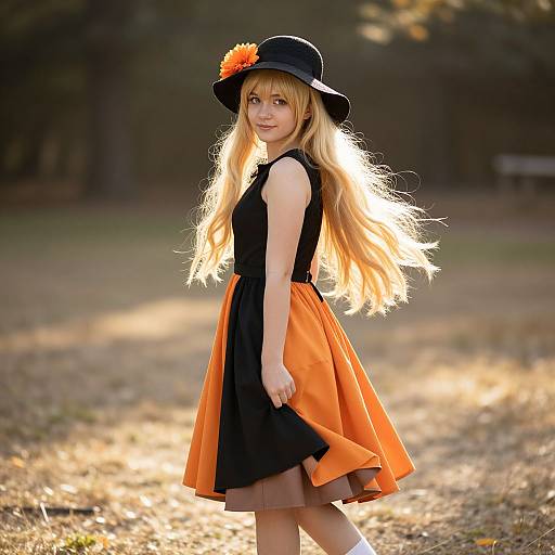 Photograph of a blonde woman with long hair, wearing a black hat with an orange flower, black sleeveless top, and orange skirt, standing in