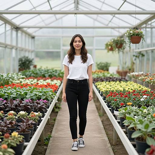 Photograph of a smiling young woman with long dark hair, wearing a white t-shirt, black pants, and black sneakers, standing in a greenhouse filled