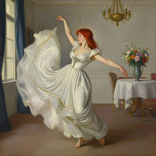 Painting of a red-haired woman in a flowing white, polka-dotted dress, dancing in a sunlit room with a chandelier, vase