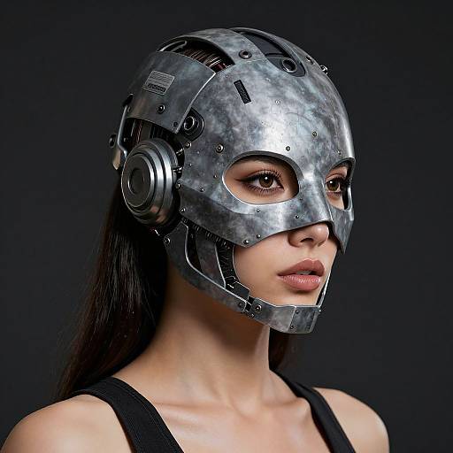 Photograph of a fair-skinned woman with long dark hair, wearing a metallic, futuristic helmet with circular earpieces, against a black background. She