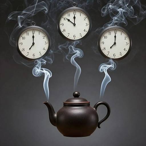 Photograph of a dark, steaming teapot with three clocks above, surrounded by wisps of blue smoke, on a gradient dark background.